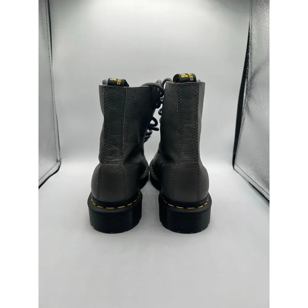 Dr. Martens Gray Leather Combat Boots Lace-Up Round Toe Womens Pebble leather